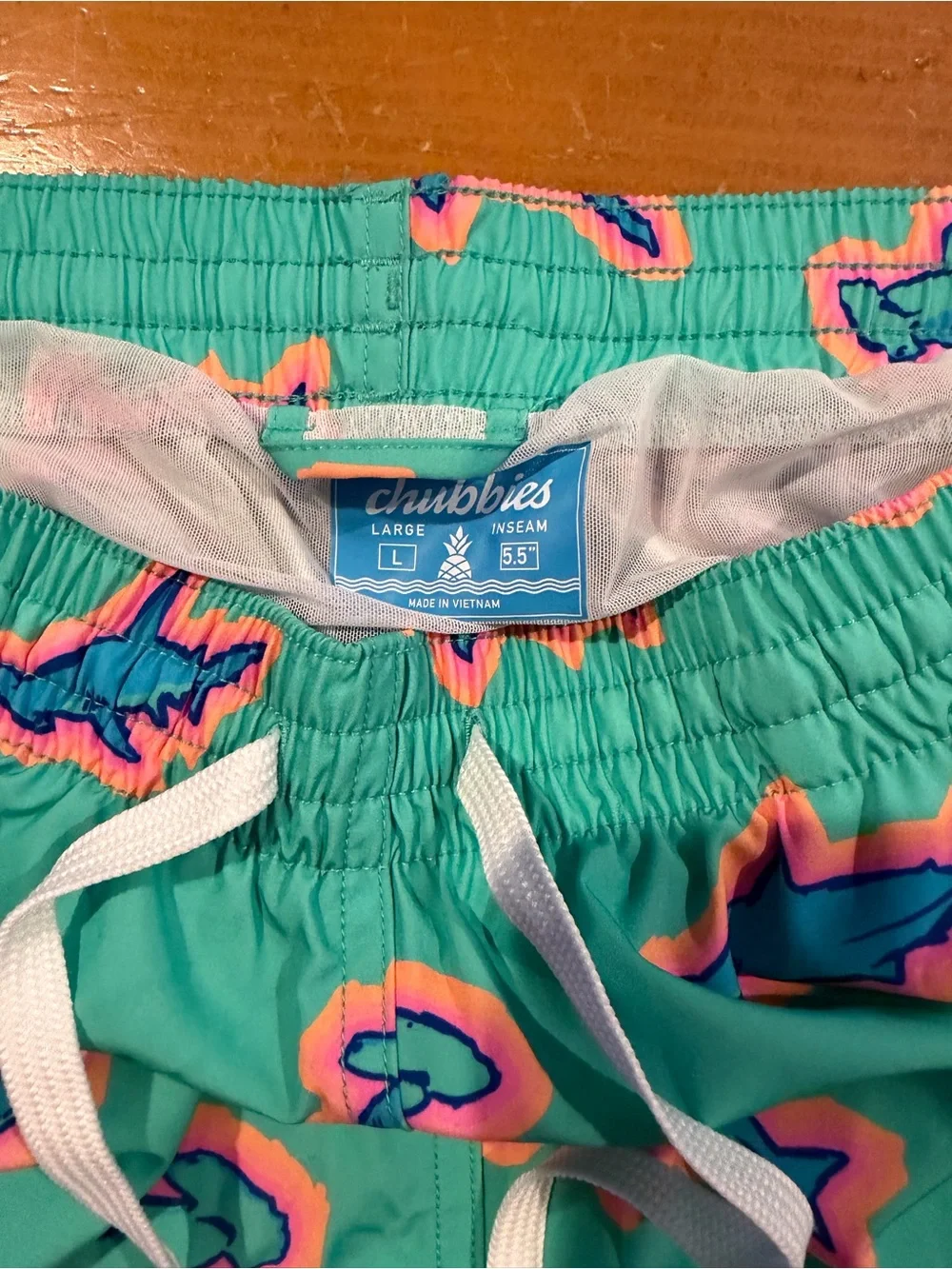 chubbies Turquoise Swim Trunks with Pink and Blue Shark Motif